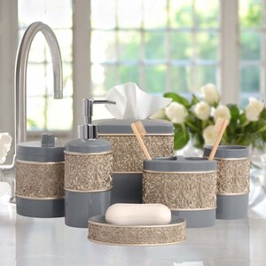 Bath Accessories Set of 6, Gray & Gold Bathroom Decor, Modern Kitchen ...