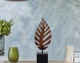 Handcrafted Acacia Wood Leaf Cut Out Decor for Living Spaces, Tabletop Sculpture, Housewarming and Mothers Day Gift