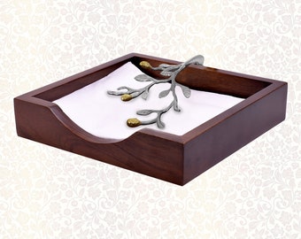 Napkin Holder in Solid Wood Brown Finish with Elegant Metal Ornament