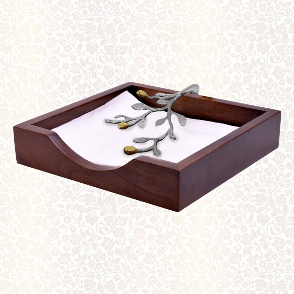 Napkin Holder in Solid Wood Brown Finish with Elegant Metal Ornament