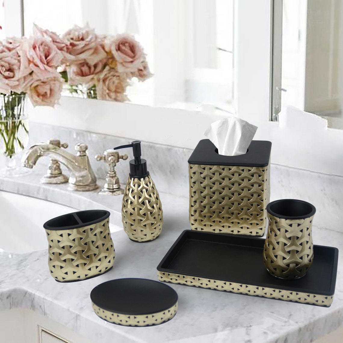 Bathroom Accessories Set Gold Black Bath Accessory Set Soap Etsy