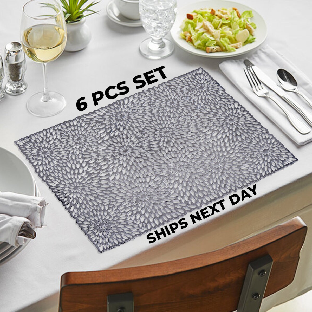 Placemats Set Of 6, Round Cutout Flower Silver 最大15OFFクーポン