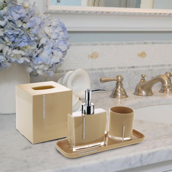 Bathroom Accessories Set of 4 Includes Soap Lotion Dispenser, Tumbler,  Tissue Box, Tray for Bath Decor, Kitchen Beige 