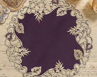 Gold Lila Deckchen, Set von 4 8 12, Blatt Tischsets, Tischläufer, rundes besticktes Deckchen, Tischwäsche, Hochzeitsdekoration, Küchendekoration