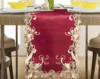 Rotgold Tischläufer mit Blumenstickerei, Polyester, Handgefertigte Tischläufer, Hochzeit Herzstück, Tischdekoration, Einzigartige Küchen Dekoration