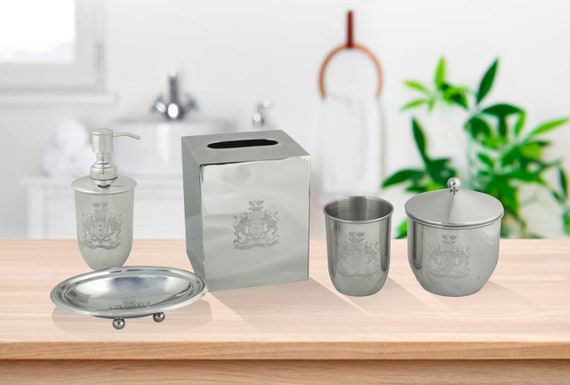 LushAccents Decorative Bathroom Accessories Set, 4-Piece, Soap Dispenser, Tray, Jar, Toothbrush Holder, Elegant Silver Mosaic Glass