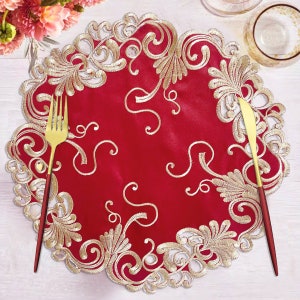 Gold Red Placemats Set, Embroidered Lace Doilies, Holiday Table Runner, Mantle Shelf Decor, Table Linen, Wedding Centerpiece, Kitchen Decor