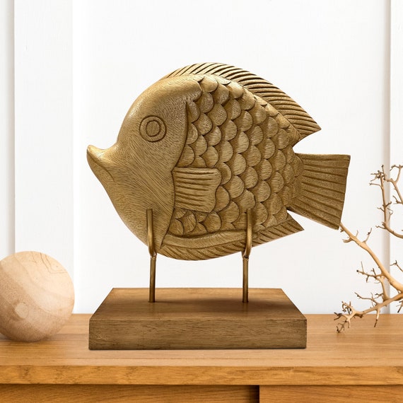 Hand-carved Wooden Fish Sculpture for Tabletop and Shelf Decor