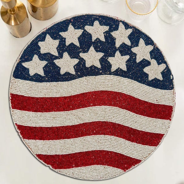 4th of July Red White Blue US Flag Design Beaded Placemats America Table-mats 14 Inches