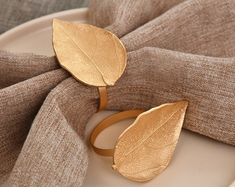 Gold Napkin Ring Leaf Design Holiday Table Setting, Boho Table Decor & Favors, Handmade Napkin Rings for Cocktail and Wedding