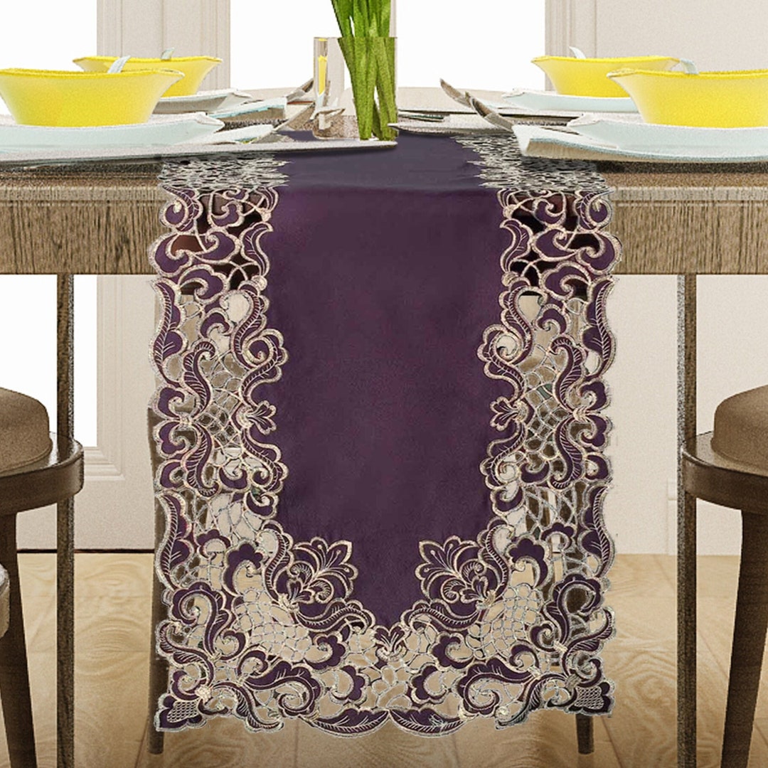 Gold Plum Table Runner, Polyester Embroidered Table Runners, Lace