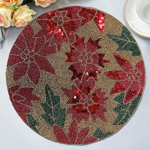 Festive Gold Red Green Beaded Placemats for Dining Table Scratch Heat Resistant Charger Mats Kitchen Decor