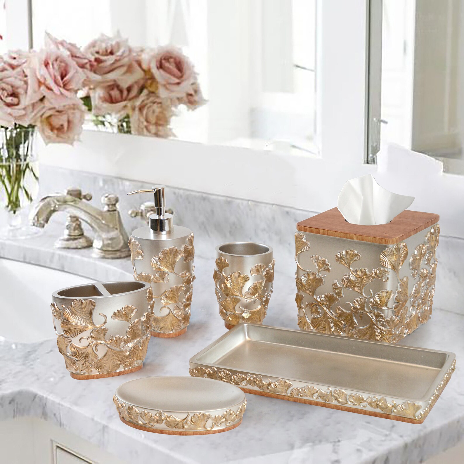 Bathroom Accessories Set 6 Piece Gingko Gold Acrylic Bath Etsy