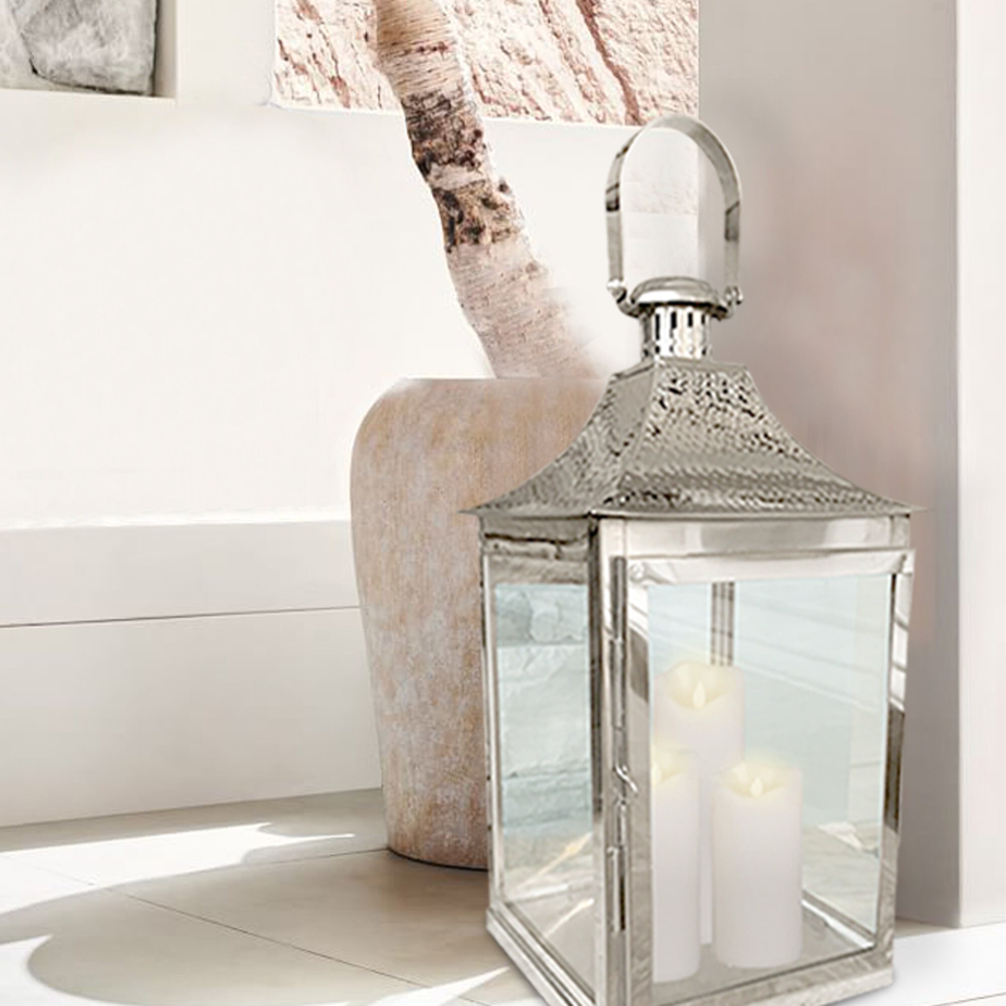 Silver Metal Glass Candle Lantern for Home Decor Console Table