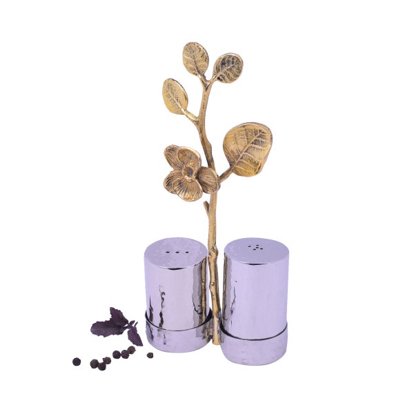 Handmade Salt & Pepper Shaker Set with Orchid Flower Caddy Handle Lovely Gold Finish Salt Pepper Caddy 3.50 x 1.50 x 8 Inches