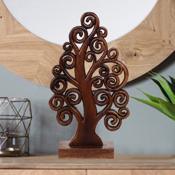 Rustic Tree Tabletop Shelf Decor, Hand Carved Wooden Tree of Life Sculpture, Housewarming and Mothers Day Gift