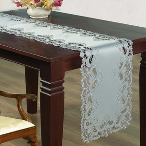 Weißer Spitzen-Tischläufer, bestickte Deckchen, Tischsets, Tischdecke, Mantle Dresser Schal, Bettwäsche, Hochzeitsschmuck, Home Decor Table Runner (14X108 inches)