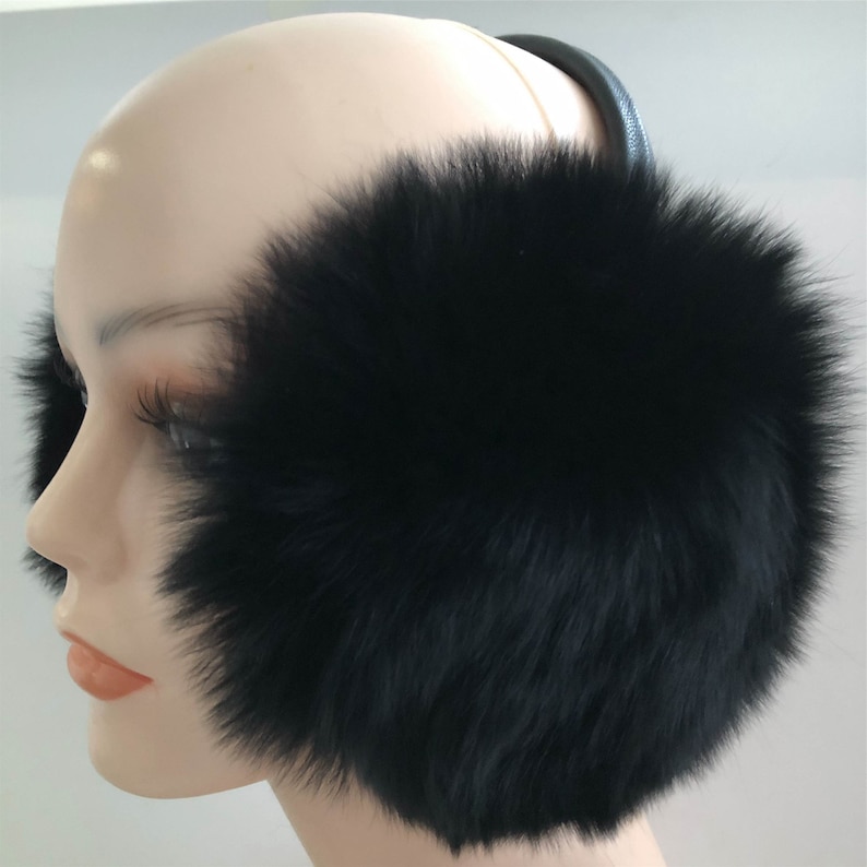 Black Large 100/% Real Fox Fur Earmuffs W Pompom Fur Ball Warm Ear Protector