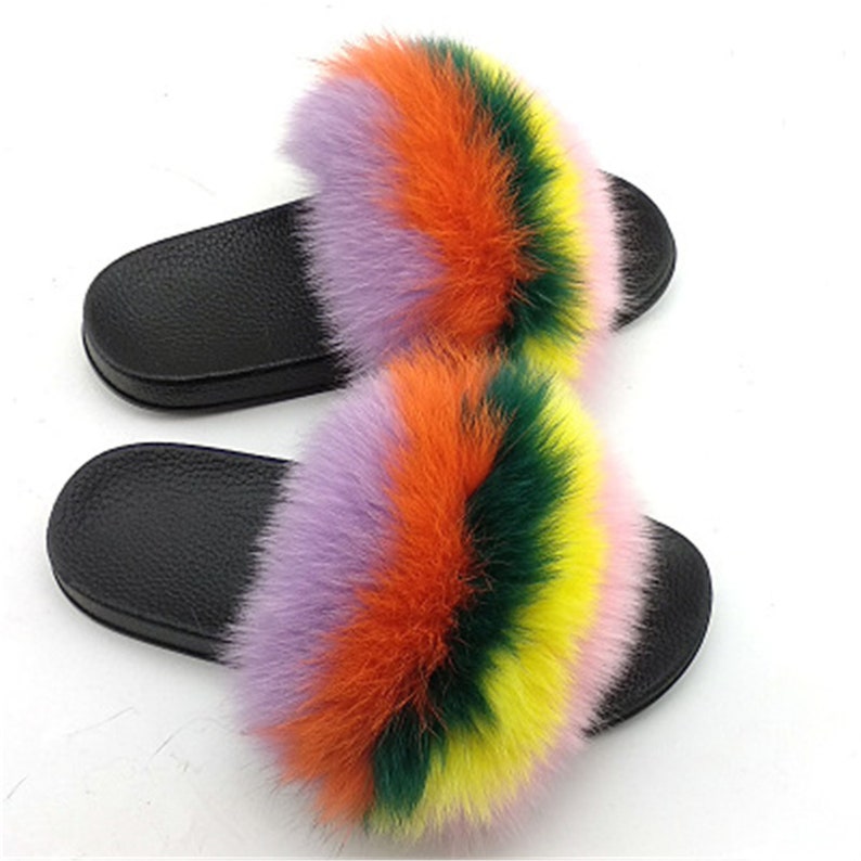 Woman Real Fox Fur Slipper Slides Summer Flat Sandals Shoes w PVC Soles