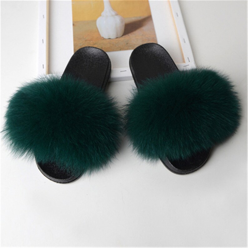 Dark Green-Womens Real Fox Fur Slides Slippers Summer Flat Indoor Outdoor Sandals Beach Furry Shoes
