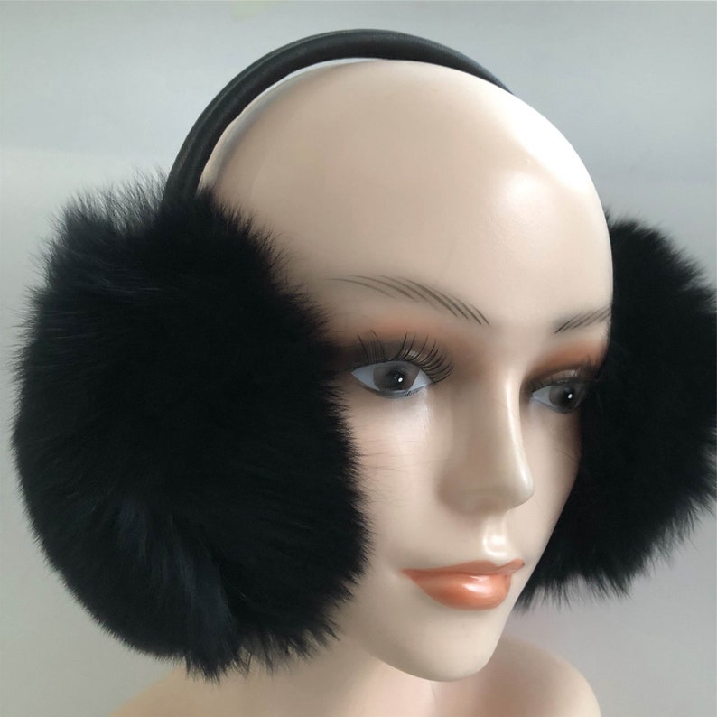Black Large 100/% Real Fox Fur Earmuffs W Pompom Fur Ball Warm Ear Protector