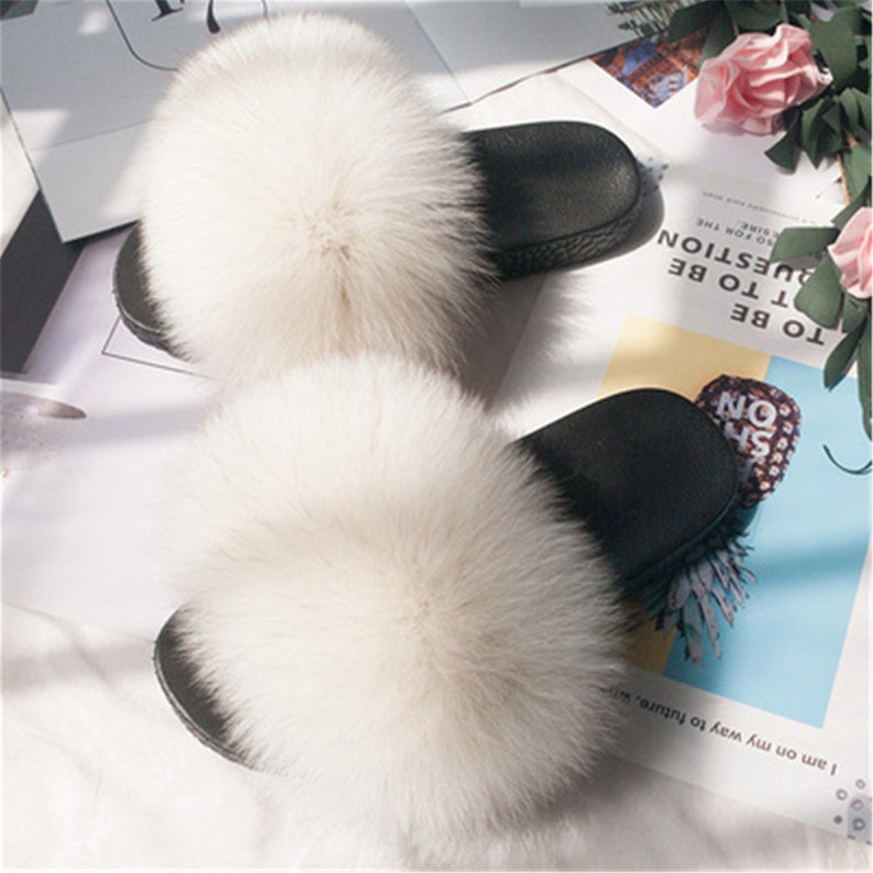White-Womens Real Fox Fur Slippers Slides Summer Flat Sandals Beach Shoes w PVC Soles