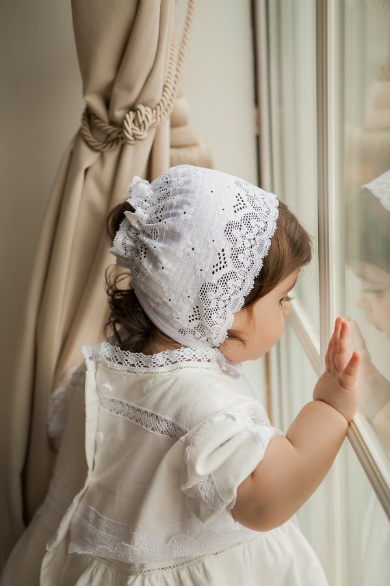Frilly Baby Girl Hat Handmade Knitted Baby Bonnet for Christening//Naming Day//Baptism