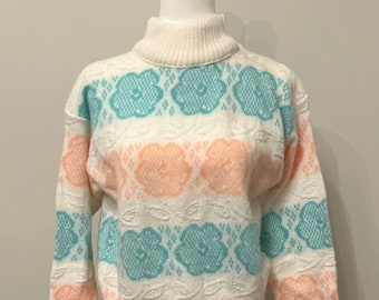 80s floral cabin sweater, 80s acrylic sweater, Spunky sweater, NOS 80s pastel novelty sweater, mock neck sweater, cozy cabin sweater, MED