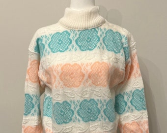 NOS 80s floral cabin sweater, acrylic Spunky sweater, cream seafoam green and peach 80s pastel novelty sweater, cozy mock neck sweater, M