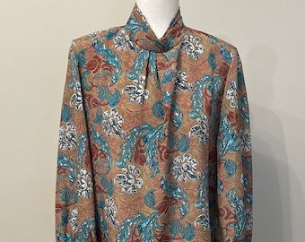 80s 90s floral leaf blouse, Classic Collection patterned blouse, shoulder pads blouse, tan teal & red blouse, mock neck blouse, size 14