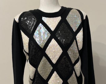 80s 90s black sequined sweater, Alfred Dunner Petite dressy argyle sweater, sequined diamond pattern sweater, holiday festive sweater, PM