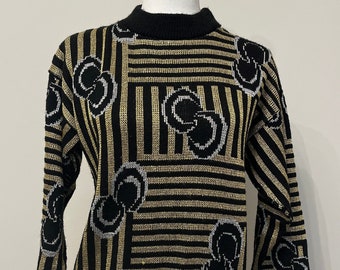 Suéter metálico de los años 80, suéter lurex acrílico Kate Collins, suéter metálico plateado dorado negro, suéter glamuroso deslumbrante, suéter brillante, S