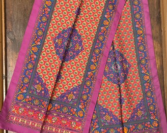 Vintage Liz Claiborne long scarf, boho scarf, long poly neck scarf, purple patterned scarf, Kaleidoscope scarf, Asian floral neck scarf
