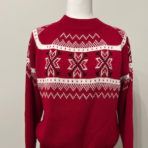 70s red snowflake sweater, JCPenney ski sweater, 70s holiday sweater, acrylic ski sweater, vintage sweater, Nordic sweater, men’s SMALL