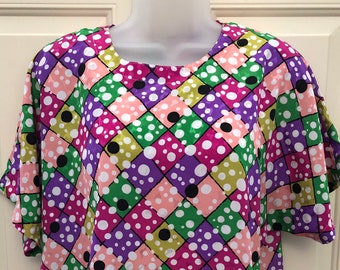 80s 90s Nicola patterned blouse, short sleeve geometric print blouse, 80s brights blouse, t-shirt blouse, pink purple green summer top, M