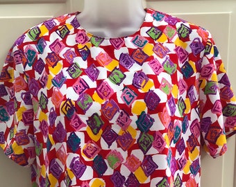 80s Adamo rainbow brights blouse, abstract blouse, short sleeve polyester blouse, 80s patterned blouse, vintage career wear, S