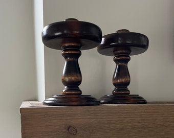2 vintage wooden candlestick holders, wooden candle holders, mid-century dark brown wood candlestick holders, MCM decor, boho decor
