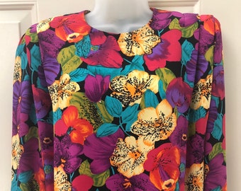 80s 90s Jos A Bank floral blouse, bright tropical floral blouse, Hawaiian blouse, flowered office blouse, vintage shoulder pads blouse, S