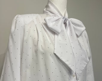 80s Shapely Secretary blouse, polka dot pussy-bow blouse, bow-neck blouse, black & white polka dot blouse, tie-neck vintage blouse, size 12