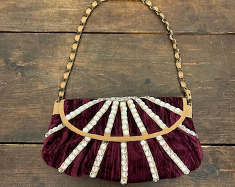 Vintage plum velvet Betsy Johnson handbag, rhinestone velvet purse, Rock star glam handbag, bohemian bag, purple handbag, 9.5” formal bag