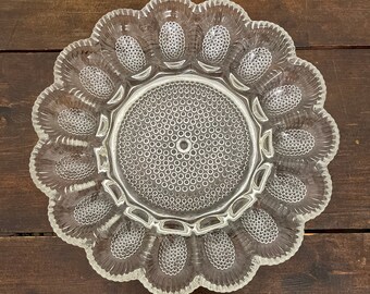 Vintage glass hobnail deviled egg platter, Indiana Glass deviled egg tray, MCM divided glass egg plate,  11” hobnail clear glass egg tray