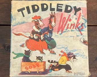 1939 Tiddledy Winks, Milton Bradley Tiddledy Winks, vintage tiddlywinks game, winter ice skating animal scene box, nostalgic game