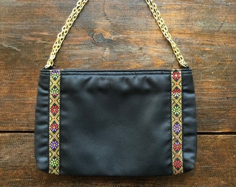Mid-century Fine Arts Co Inc evening bag, black satin evening bag, gold embellished black handbag, 8.5” formal handbag