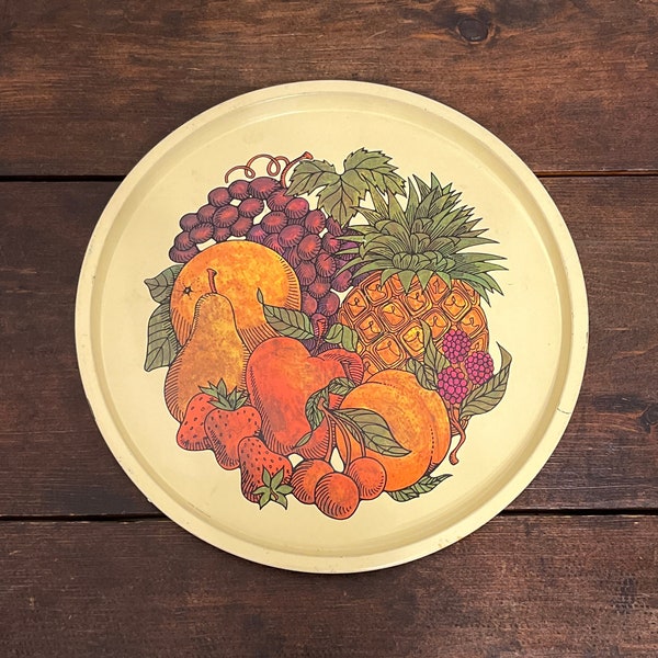 70s metal fruit tray, MCM round bar tray, tropical yellow tray, vintage serving tray, MTM Great Britain metal tray, pineapple grapes tray