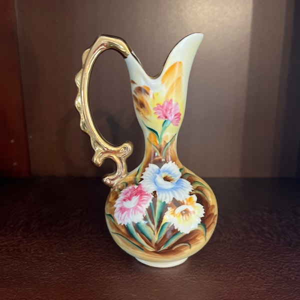 Vintage Enesco floral bud vase, miniature pitcher shaped vase, floral and gold painted ewer, shabby chic vase, cottage decor, 6” vase