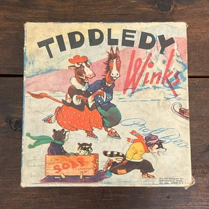 1939 Tiddledy Winks, Milton Bradley Tiddledy Winks, vintage tiddlywinks game, winter ice skating animal scene box, nostalgic game