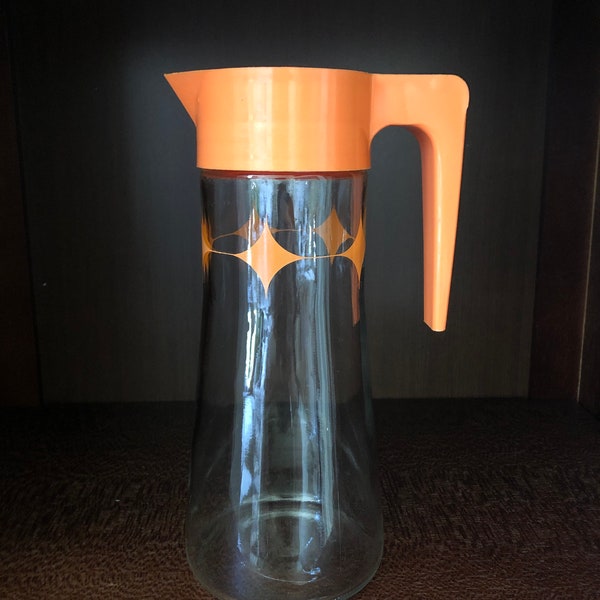 Mid-century orange Anchor Hocking pitcher, atomic era pitcher, starburst pitcher, orange & glass pitcher, 50s pitcher, 9” quart pitcher