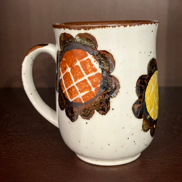 Vintage floral stoneware mug, boho mug, southwestern mug, brown burnt orange yellow floral mug, 10oz mug, speckled stoneware mug, groovy mug