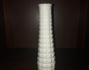 Vintage quilted pattern milk glass bud vase, EO Brody square cubed pattern, 8.5" mid-century white vase, cottage farmhouse decor