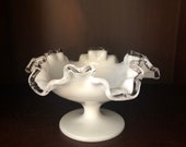 Fenton Silvercrest footed milk glass bowl, pedestal bowl, compote bowl, shabby chic candy bowl, ruffled edge bowl, 3.75 tall x 6.75 wide
